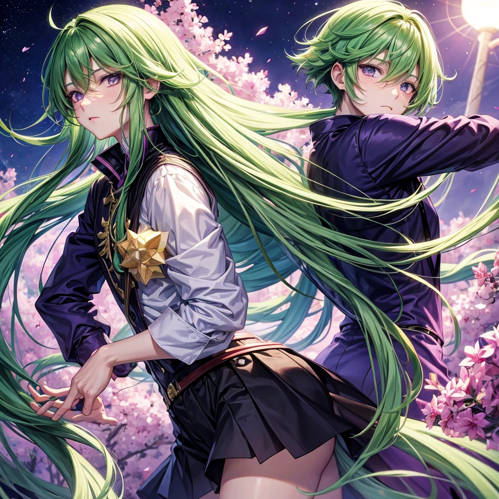 anime art, boy, long green hair, purple eyes