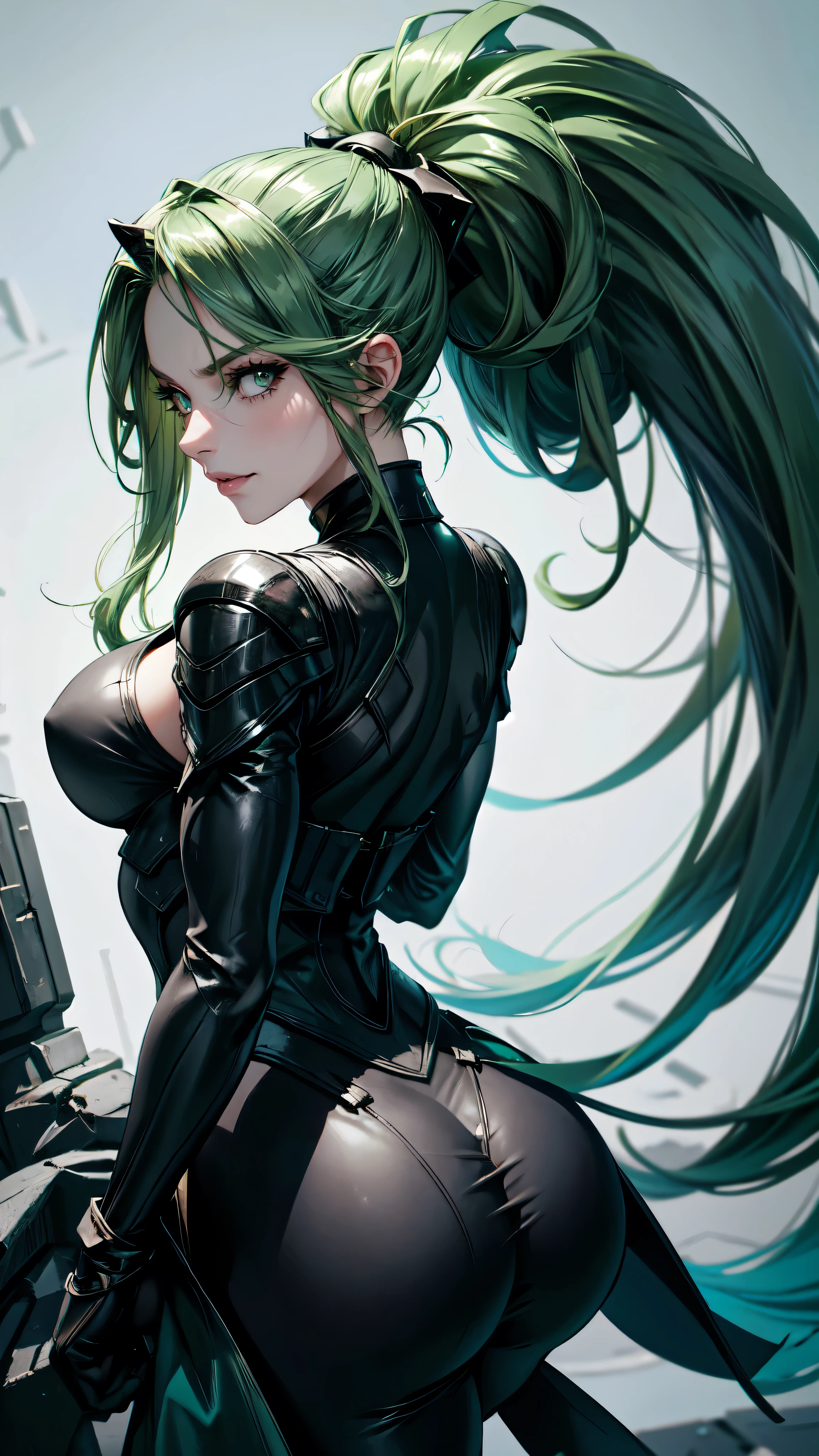 Adult woman, Long green hair, high ponytail, white eyes, black tight form, mask, angry, view from behind, smile, masterpiece, hiquality, 4k, HD, Good detail,detailed eyes, detaield hands, detailed face, full body