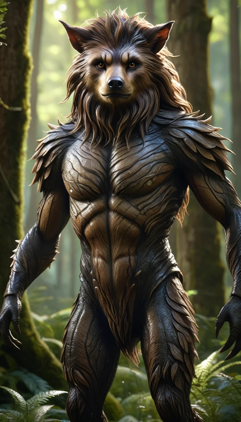 There is a creature in the forest，Human-like appearance，Brown hair all over the body，Ultra-detailed（best quality，4K，8K，High level，masterpiece：1.2），Ultra Detailed，（lifelike，Photo real，Photo real：1.37），Highly detailed animals，Complex patterns，Realistic lighting，Fantasy Creatures