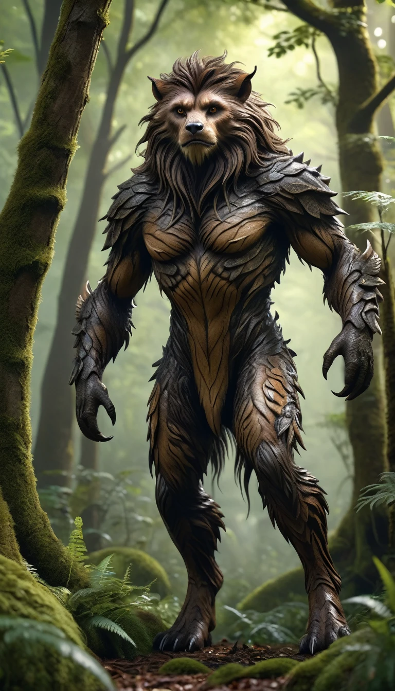 There is a creature in the forest，Human-like appearance，Brown hair all over the body，Ultra-detailed（best quality，4K，8K，High level，masterpiece：1.2），Ultra Detailed，（lifelike，Photo real，Photo real：1.37），Highly detailed animals，Complex patterns，Realistic lighting，Fantasy Creatures