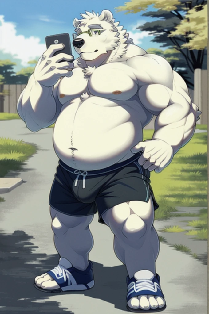 leib \(tas\), polar bear, off white fur, off white fluffy short hair, leib \(tas\), bear, mammal, polar bear, ursine, 5 toes, anthro, cellphone, selfie, gym shorts, shirtless, eyewear, gym shoes, foot fetish, footwear, glasses, hindpaw, kemono, male, outside, chubby male, phone, gym shoes, shirtless and topless, shorts, smartphone, solo, toes, topwear, unbuttoned open floral shirt,