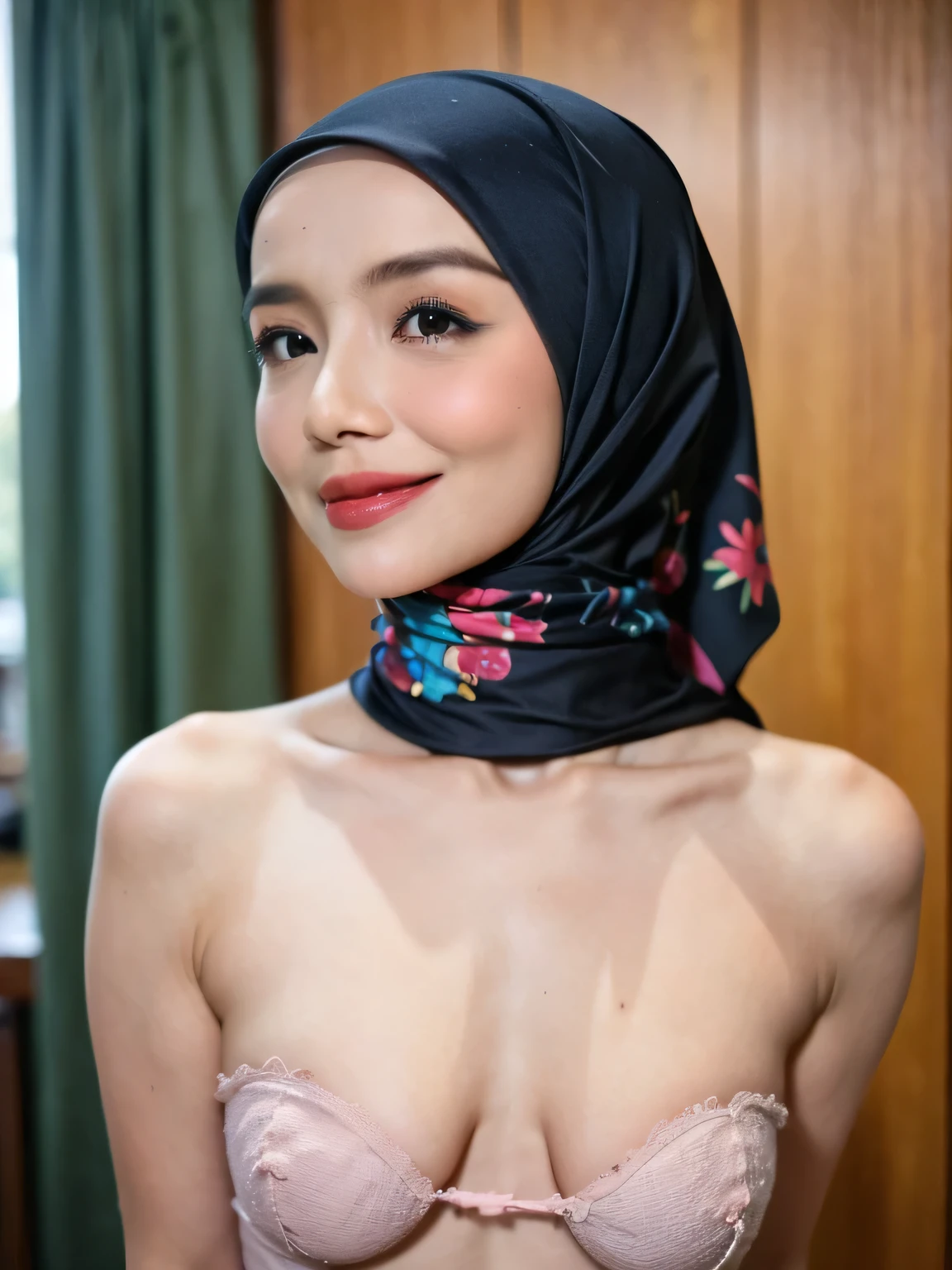 (strapless pink bra, (polkadots pattern), ((Happy Smile)), singlet (((HIJAB MALAY GIRL))), masutepiece, High quality, UHD 32K, Realistic face, Realistic skin feeling , A Japanese Lady, 8 yeaery cute and baby-like face, (((FLAT CHEST))), (MATRIX WORLD), ((look In front at the camera and SADNESS)), ((())), (((CUTE GIRL))), ((RAINBOW LIPS)), ((CHUBBY)), (undress, Rainbow, at river
