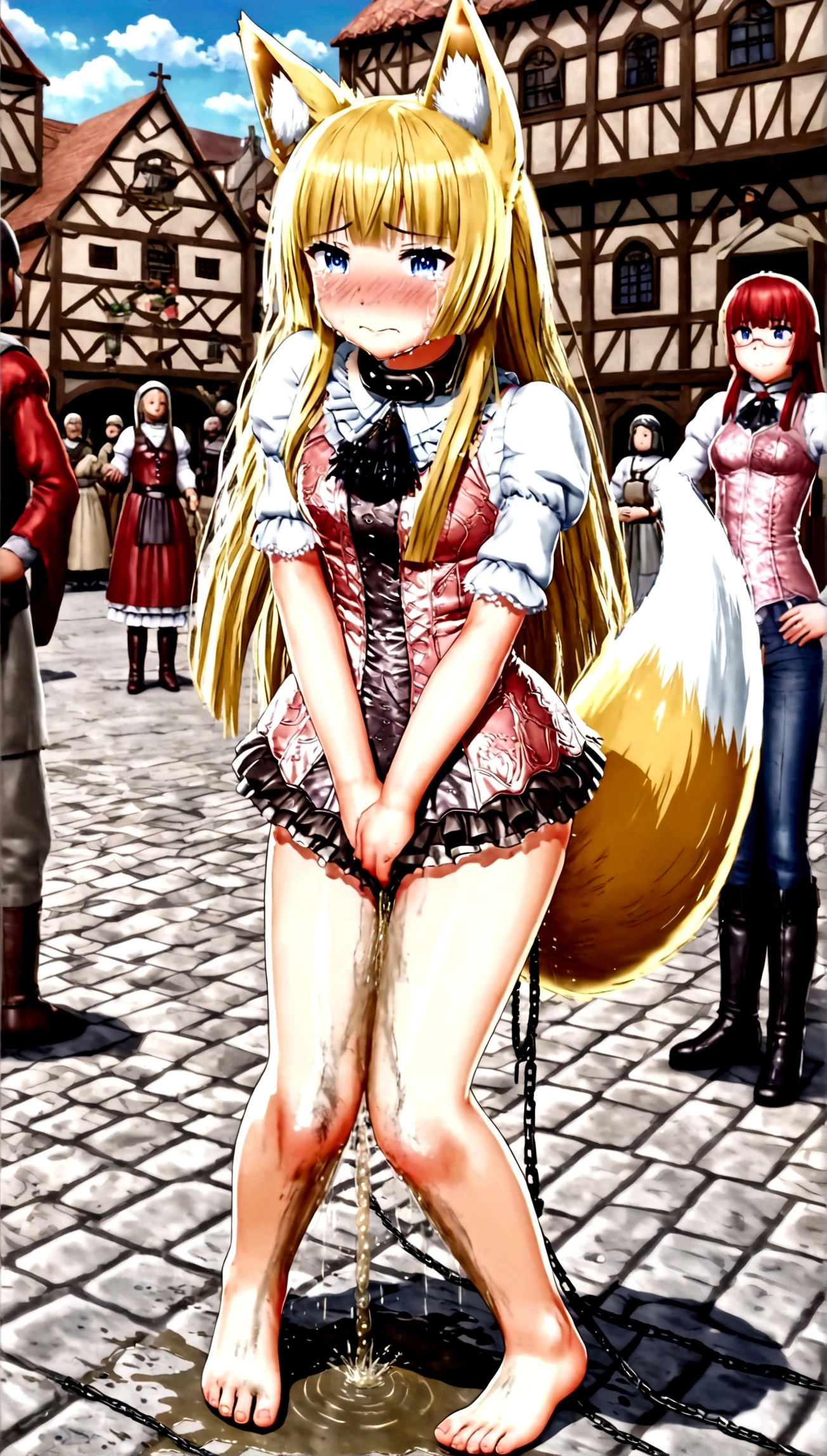 Anime. 1 girl. Baby. Kitsune. Blonde. Long hair. Blue eyes. Beautiful eyes. Perfect eyes. Expressive eyes. Blind eyes. Blind. Ideal face. Ideal anatomical body. Beautiful long legs. Beautiful body. Beautiful nose. Fox ears. Fox's tail. . Embarrassment. Blush. Beautiful character design. Shiny skin. Dirty tunic. Torn Tunic. Slave. Collar. Shackles. On a chain. No panties. Barefoot. White cane in hand. Hand on crotch. Urinary incontinence. She wants to pee. She needs to pee. She has a strong, desperate urge to pee. He squeezes his crotch tightly. Rubbing the crotch. Slight forward bend. She peed herself. The girl can't stand straight. She pees standing up. She peed herself while standing in the raov market. Middle Ages. Fantasy. City. Town Square. Slave market. Tears on eyes. Cry. Snot flows from the nose. Whole body. nsfw. Official art. Extremely detailed CG Unity 8k wallpaper. Ideal lighting. Ultra high resolution 4K. Super detailed 8K. A high resolution.