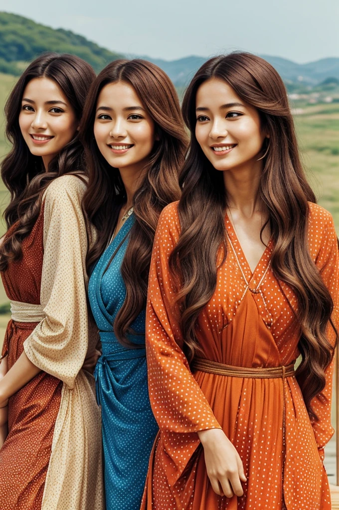 A stunning japanese style poster art femme a captivating hyperealistic image of 3 bohemian women. Intrincate details, perfect shot, perfect composition, fantasy, vibrant, beautifully shot, radiates effortless elegance. The right lady is in a long tousled brown hair styled in a red colored chic boho fashion, the middle lady with a long curl hair in orange dress and left lady wears blue hijab in polka dot style with brown dress. They framing their smiling face with a touch of casual sophistication. The overall atmosphere of the illustration is serene and peaceful, with soft, blending colors that reflect the essence of the bohemian lifestyle