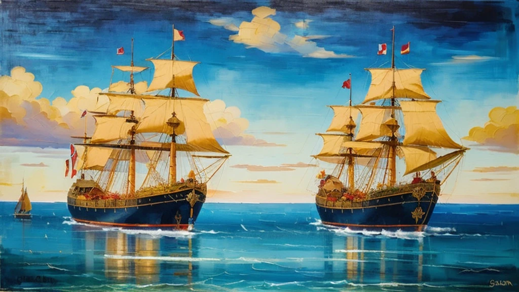 Ship, Medieval ship, Galeon, Sailing ship, open sea, clear sky, painting, one ship,