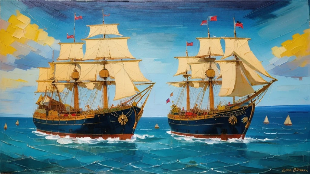 Ship, Medieval ship, Galeon, Sailing ship, open sea, clear sky, painting, one ship,