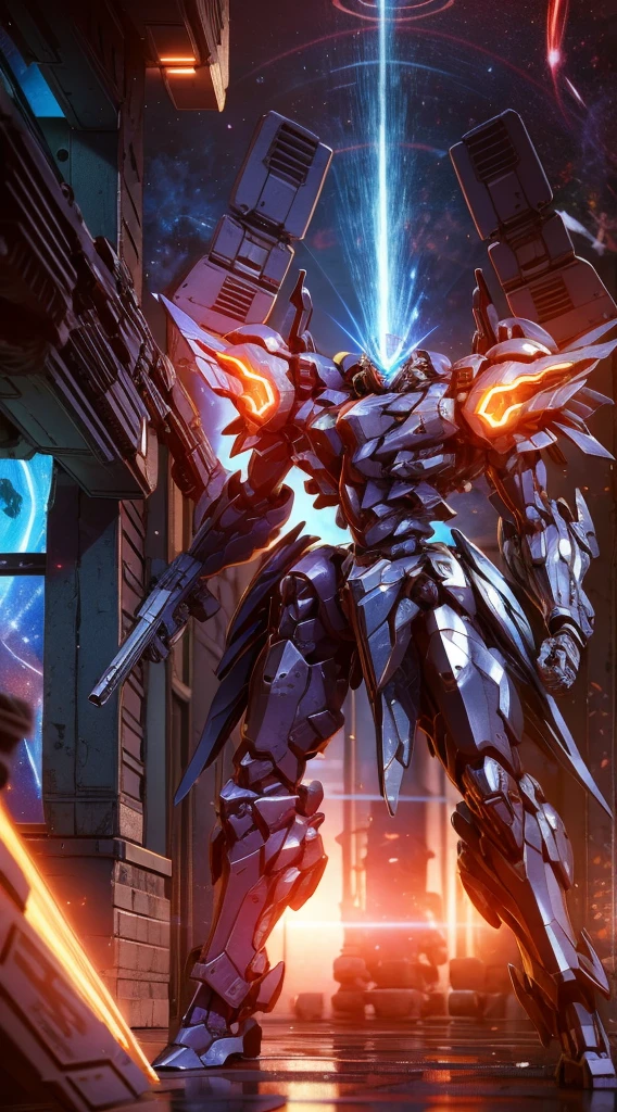 (Obra de arte, melhor qualidade:1.5).Mech branco e azul com detalhes dourados, médio, segurando uma sniper azul grande. Extremely detaild, 8K, HDR, naturallight, cinematic lighting, masterpiece-anatomy-perfect, Ultra HD, (Space Combat:1.5, Battlefield:1.5), RAW photo, metallic, professional, ultra-fine painting, perfect body proportions, anatomically correct, uhd, real texture material, Anti-Aliasing, FKAA, TXAA, SSAO, Post Processing, Post Production, Tone Mapping, CGI, VFX, SFX, Hyper maximalist, Volumetric, ultra photorealultra-detailed intricate details.