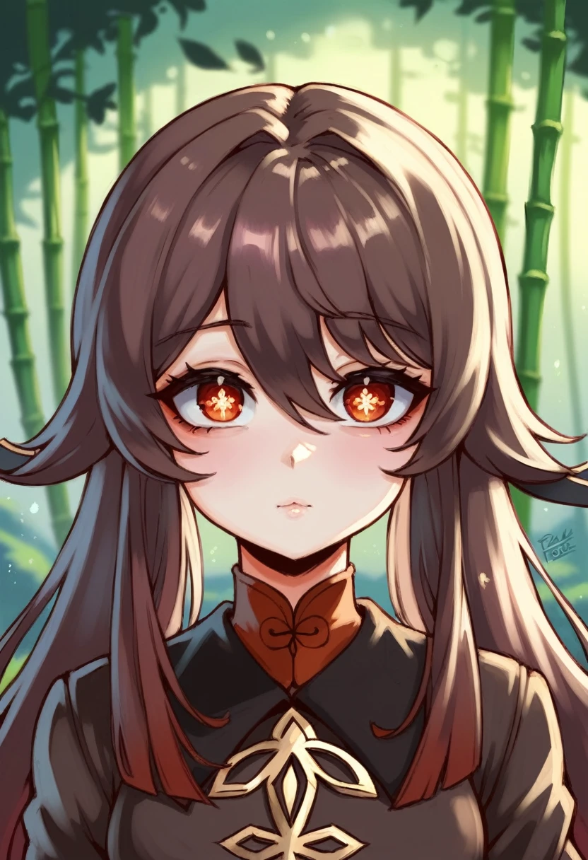 masterpiece, best quality, soft lighting, absurdres, 1girl, solo focus, skin imperfection, skindentation, perfect face, puffy face, beautiful face, big eyes, puffy eyes, perfect eyes, eyelashes, Hu Tao (genshin impact) from genshin impact, outdoor, bamboo forest, 8k, UHD, HDR, (Masterpiece:1. 5), (best quality:1. 5)