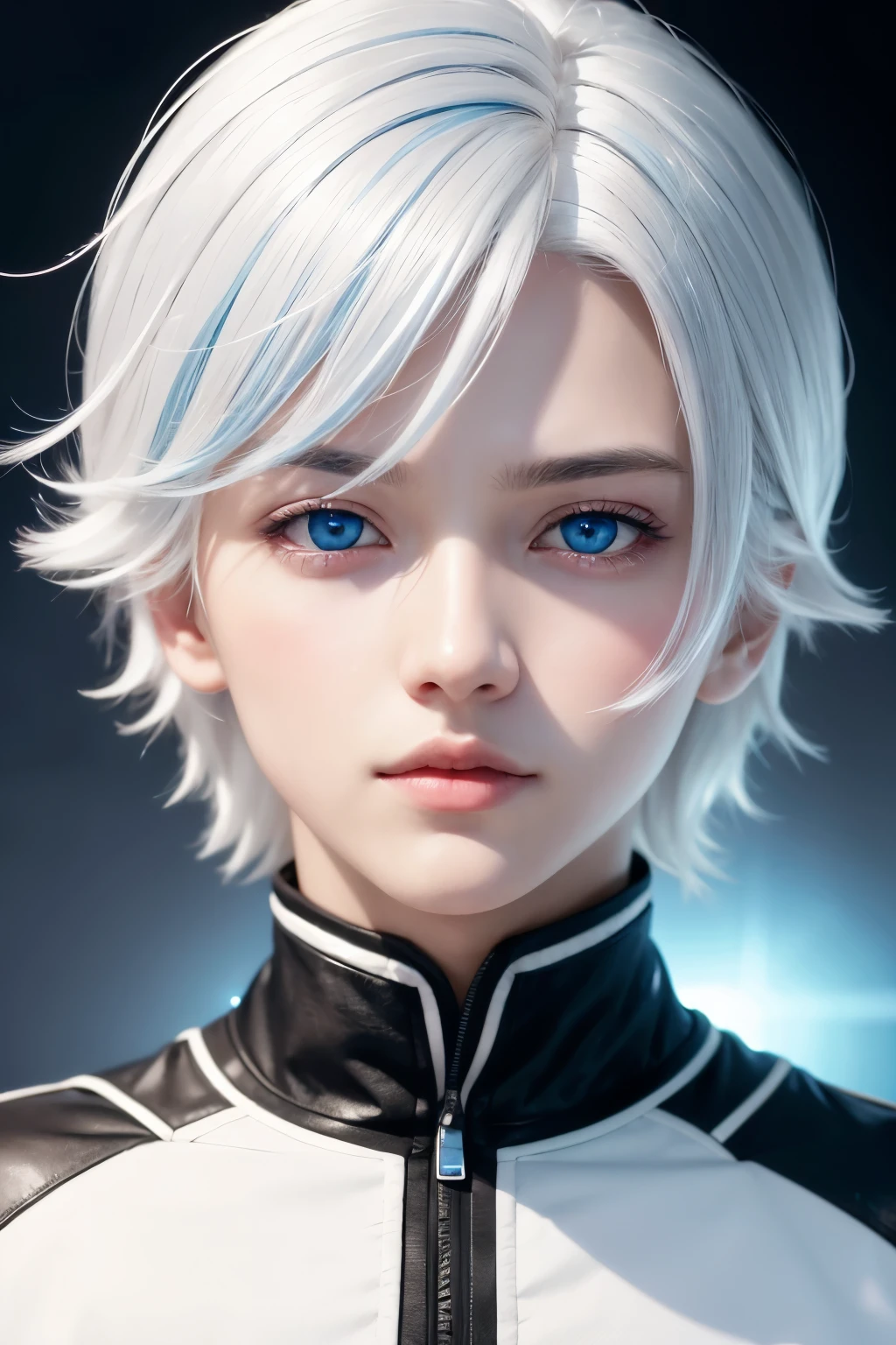 1 boy, star eye, blush, perfect lighting, white hair with light blue highlights, blue colored eyes, engine unreal, side lighting, face detailed, bangss, shining skin, simple background, dark anime style background