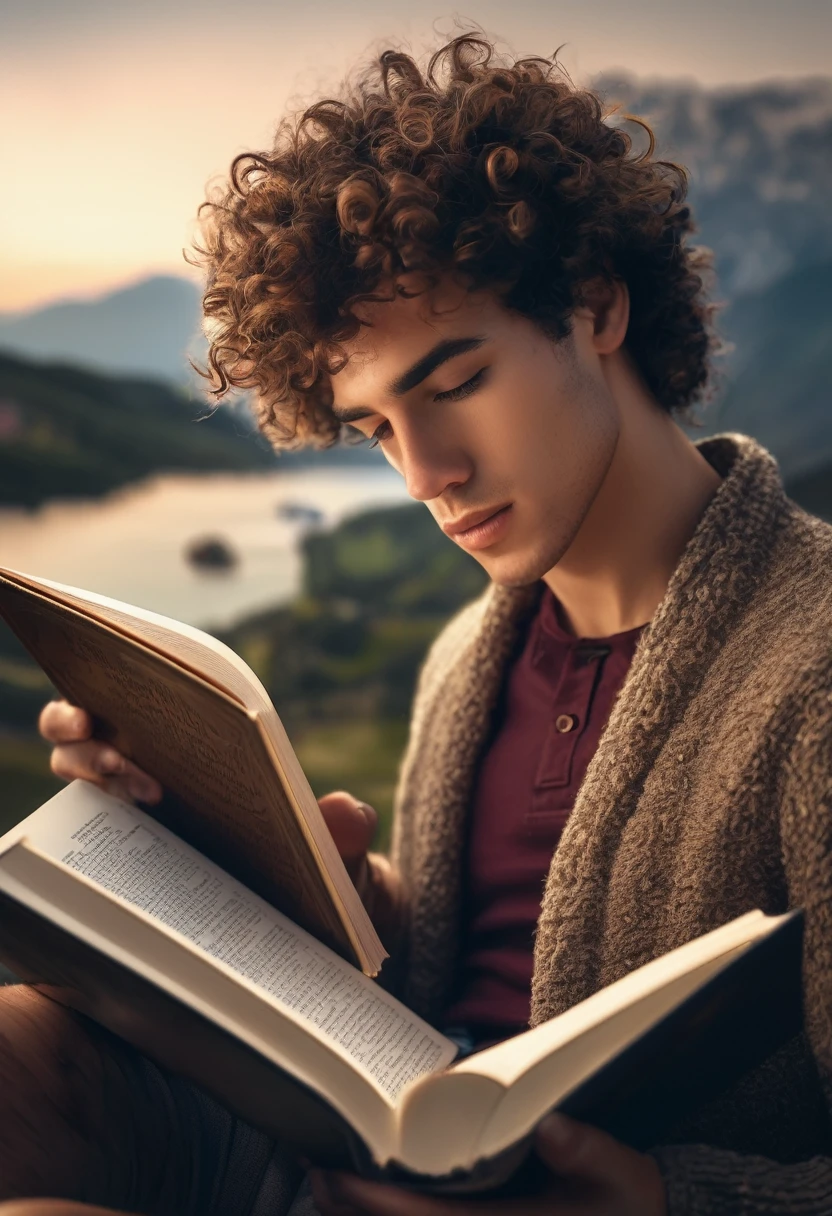 Peaceful portrait of a young man reading a book, curly hair. Beautiful scenery, great details, 8k, perfect anatomy
