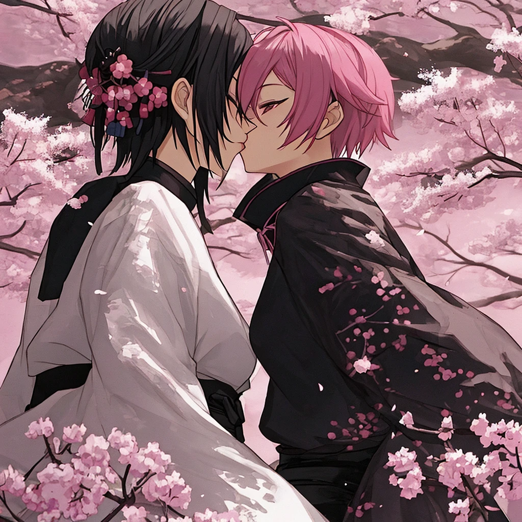 Dark samurai with short pink hair girl kissing with cherry trees in the background 
