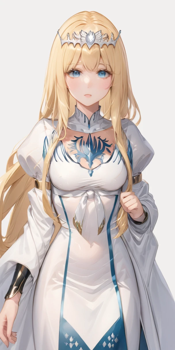 masterpiece,ultra-detailed,best quality,8K,illustration,,clean skin ,shiny hair,girl,ultra-detailed-eyes,simple background, cowboy shot, 1girl,solo, calca, blonde hair, ,( extremely long hair:1.3), very long hair, extra long hair, white tiara, white dress, blue eyes,Calca Bessarez, medium breast,Calca