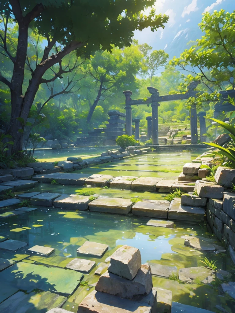 Stone-cut ancient architectural ruins, Tropical plants, Clear puddles, Iwashimizu