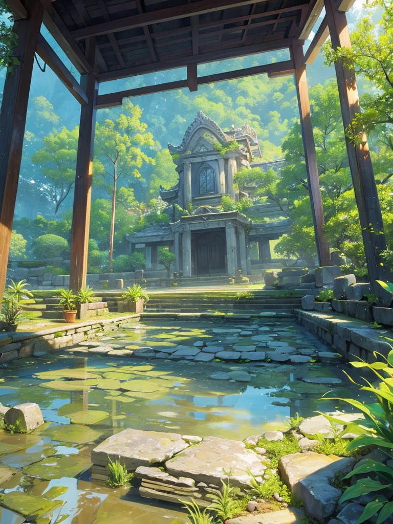 Stone-cut ancient architectural ruins, Tropical plants, Clear puddles, Iwashimizu