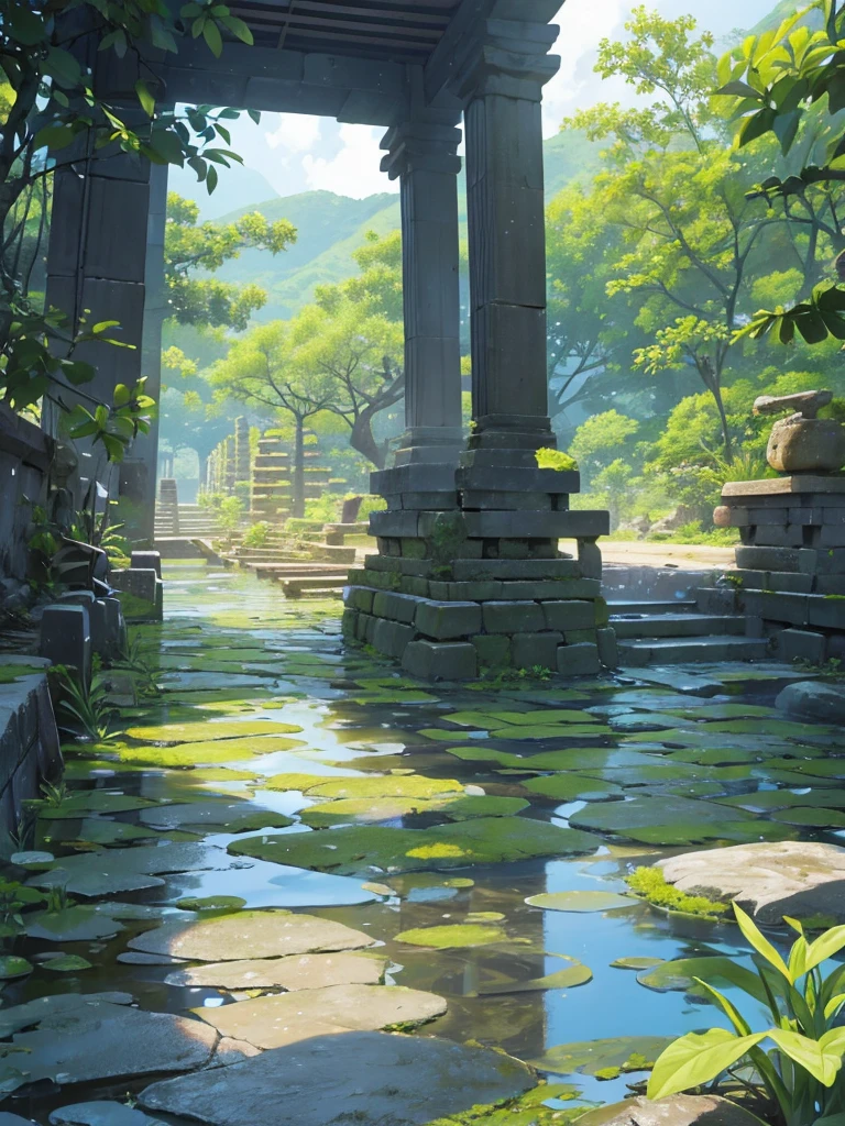 Stone-cut ancient architectural ruins, Tropical plants, Clear puddles, Iwashimizu