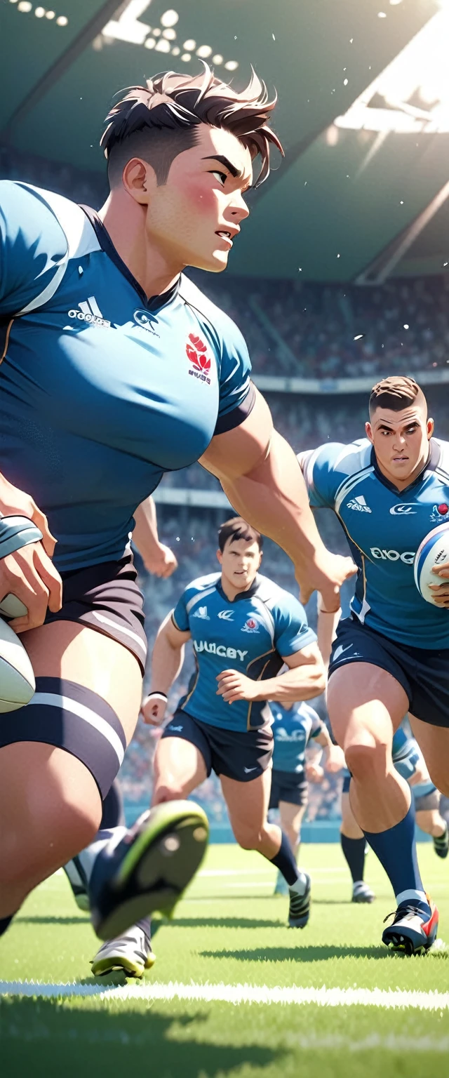 Rugby players playing on the sports field.Beautiful and extremely fine texture,detailed, bright, Animation style high definition and high quality presentation