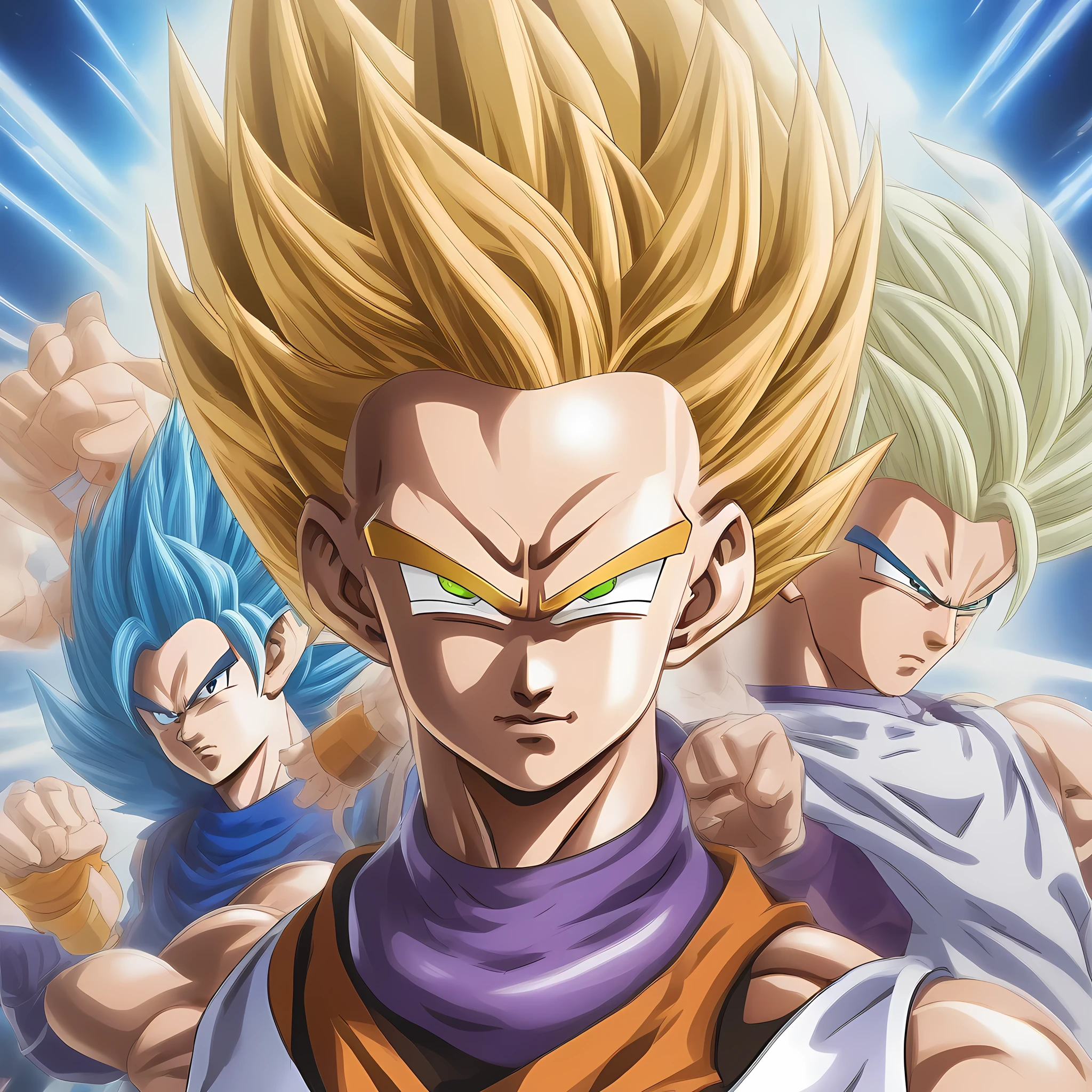 score_9, score_8_up, score_7_up, BREAKa beautiful detailed portrait of 2 girls and 1 boy from the Dragon Ball Super universe, (1girl),(1girl),(1boy), (Kelefa, Vados), Dragon Ball Super, (Akira Toriyama, Toyotaro and Haruhi Suzumiya style), long two-tone hair, Freeza Force scouter, golden_brown eyes, (Ancient Sayians gear), spiked and wild hair, extremely detailed and beautiful eyes, hands in a fighting posture charging up S_cells, close-up shot, (masterpiece:1.2, best quality, ultra-detailed_CG, 32k, uhd, hdr, blender renders),
