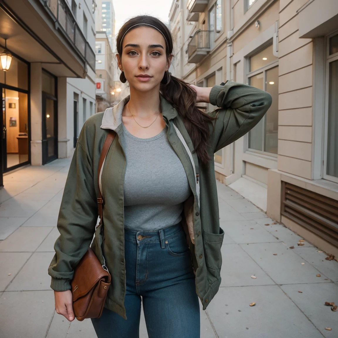 Extremely busty thin and toned brunette photographer, college girl, fair skin, loose ponytail, soft face, athletic, bandana babushka headwrap, tight olive green casual windbreaker, skinny jeans. standing in front of her apartment building, outdoors, city, camera bag, cleavage