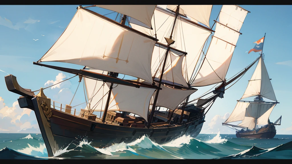 Ship, Medieval ship, Galeon, Sailing ship, open sea, clear sky, painting, one ship,