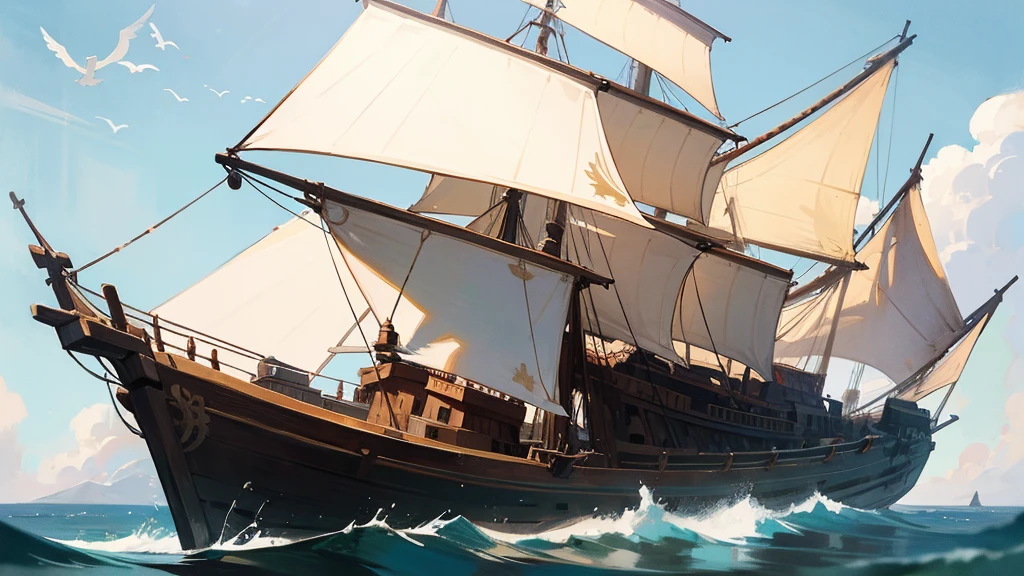 Ship, Medieval ship, Galeon, Sailing ship, open sea, clear sky, painting, one ship,