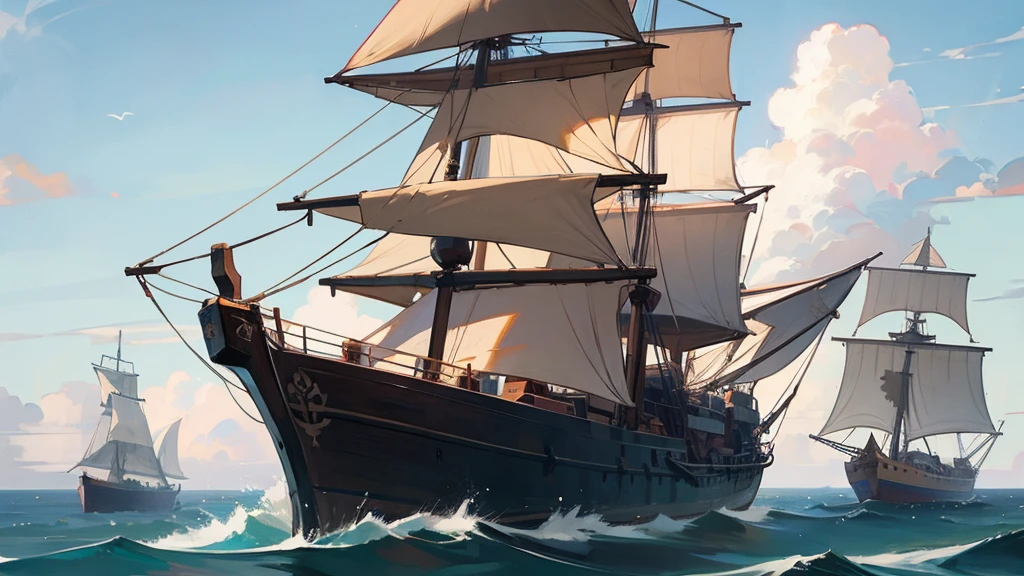Ship, Medieval ship, Galeon, Sailing ship, open sea, clear sky, painting, one ship,