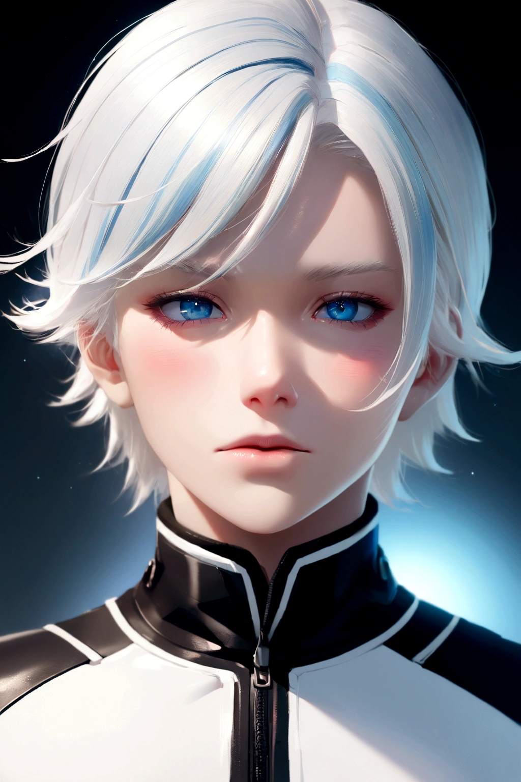 1 boy, star eye, blush, perfect lighting, white hair with light blue highlights, blue colored eyes, engine unreal, side lighting, face detailed, bangss, shining skin, simple background, dark anime style background 
