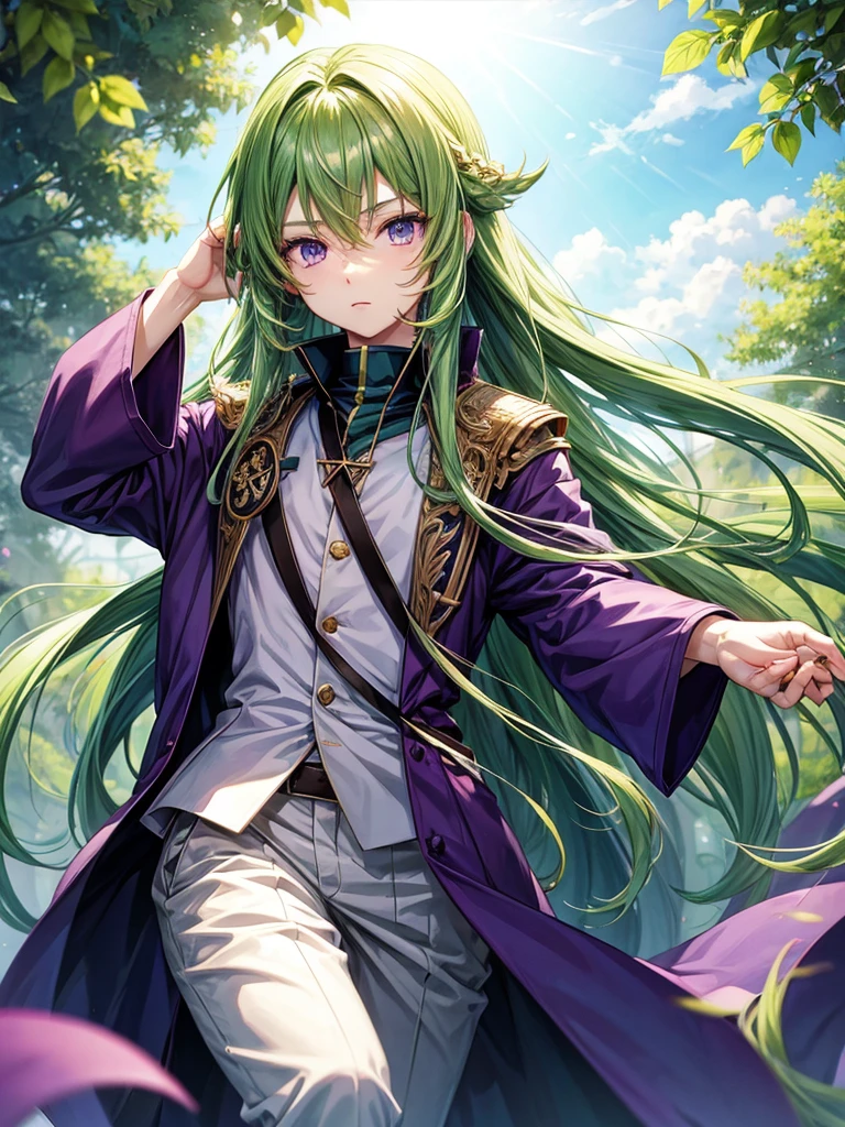 anime art, boy, long green hair, purple eyes