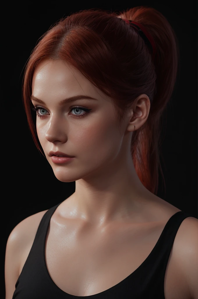 woman with medium-ponytail ,Auburn-red-hair,ponytail, pale,soft body,eyeliner,portrait, beautiful woman, beautiful female ,beautiful ,eyeliner , elegant, digital painting, smooth, dramatic lighting, ultra realistic, 8k, art , blur backgrond, black background ,black background,black wallpaper,hot, nsfw, nude