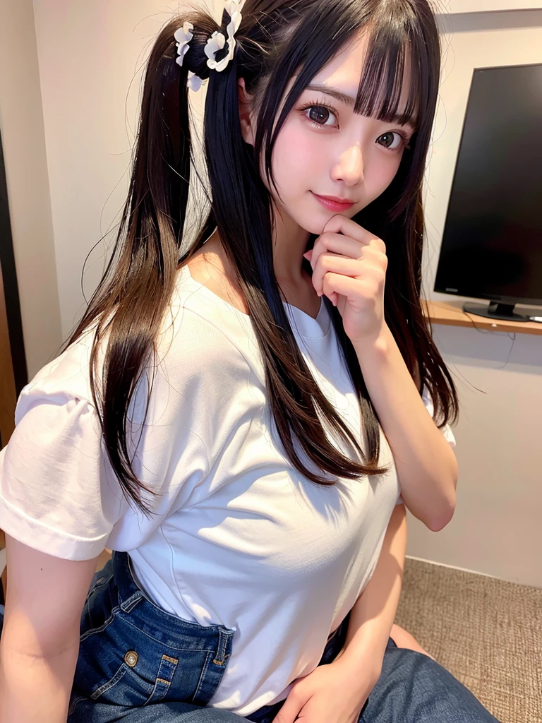 uniform. See-through. top-quality、超A high resolution、(Photorealsitic:1.4)、8K resolution、girl、(Random hair:1.3)、(Realistic hair:1.2)、(japanesgirl:1)、(realisticeyes:1.2)、(Beautiful face: 1.3)、Slim body、White glowing skin、large full breasts、cleavage of the breast、(duck face:1.2)、(Middle corner:1.3)、(White T-shirt and short jeans)、(selfee:1.3)