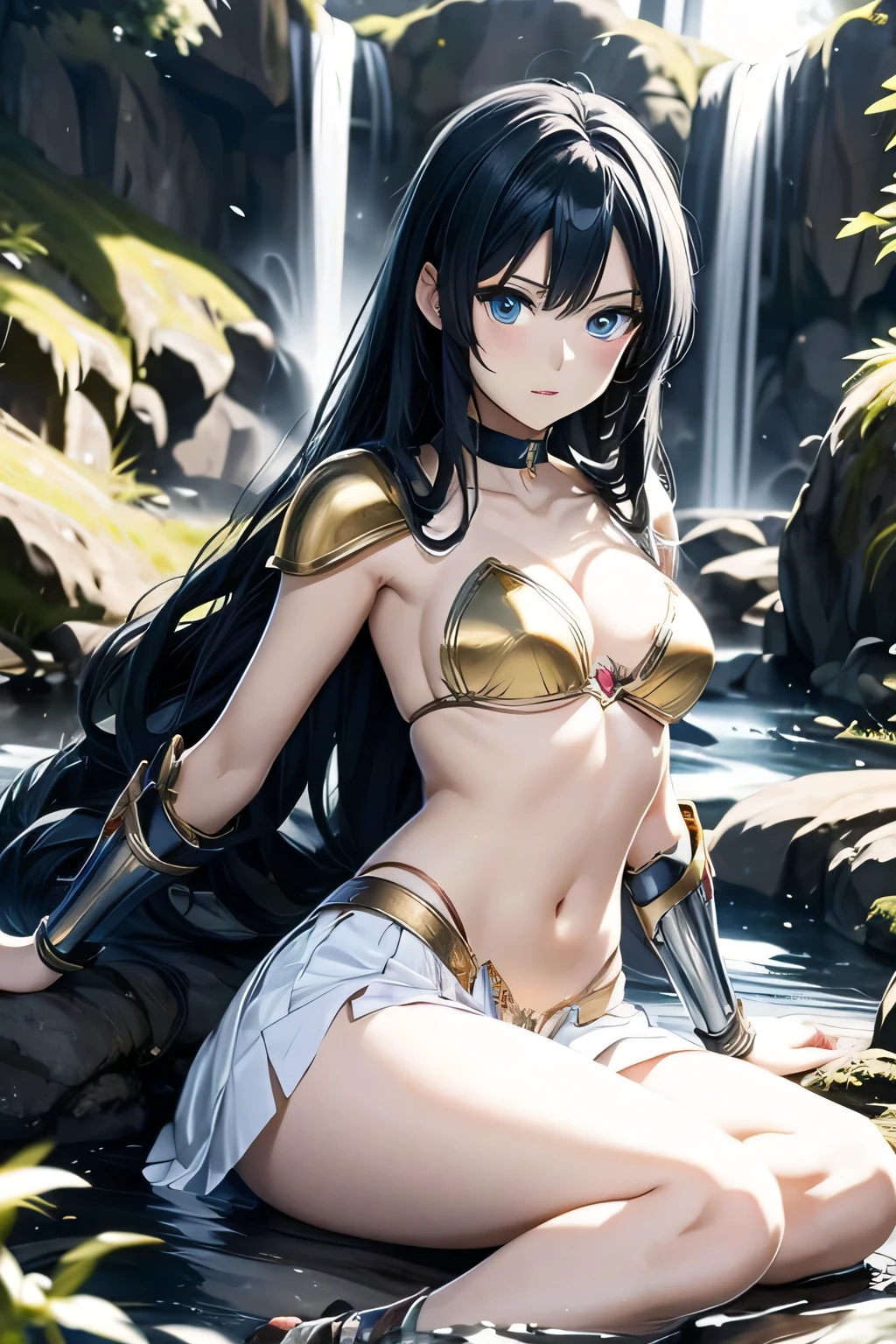 masterpiece, Highest quality, High resolution,4K,full body,masterpiece, Highest quality, High resolution,4K,Anime girl in white dress, Zodiac Knight Girl, portrait Zodiac Knight Girl, Aqua from Konosuba, Anime Goddess, rogue anime girl ayanami rei, Wallpaper Anime Cave,Blue Water, Advanced Digital Animation Art”, 2. 5d cgi anime fantasy artwork, Anime Style 4k, slender, full body, on one knee, arms behind back,Fantasy-style anime,white small pleated skirt,18 years old,Woman in her 20s, Roman warriors, Golden Bikini,Bikini-like metal armor、Cleavage,Golden knee-high boots,Gold metal choker,Princess Blade , Small breasts, Mini Cropped, Valkyrie Princess , Detailed face, beautiful, Blue Eyes, beautiful目,Cave Background, Black Hair, long hair, straight hair, beautiful髪, Wet Hair, parted lips, glaring, open mouth
