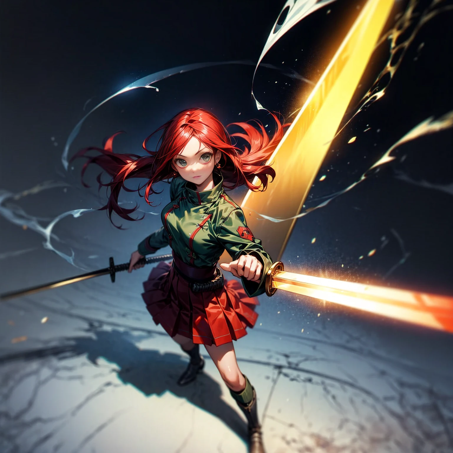 1girl, Full body version, 1character, character is girl, green eyes color, long hairstyle, red colour hair, soldier style clothing, Long skirt, long socks, long boots, red earrings, two gold sword in two hand, full armors in body, full background, Grassroots, background in town, motion blur, shadow, standing gesture, sword emits a black aura, smoke, blue fire, lighting sword, lighting hologram, satan, lighting blue fire 