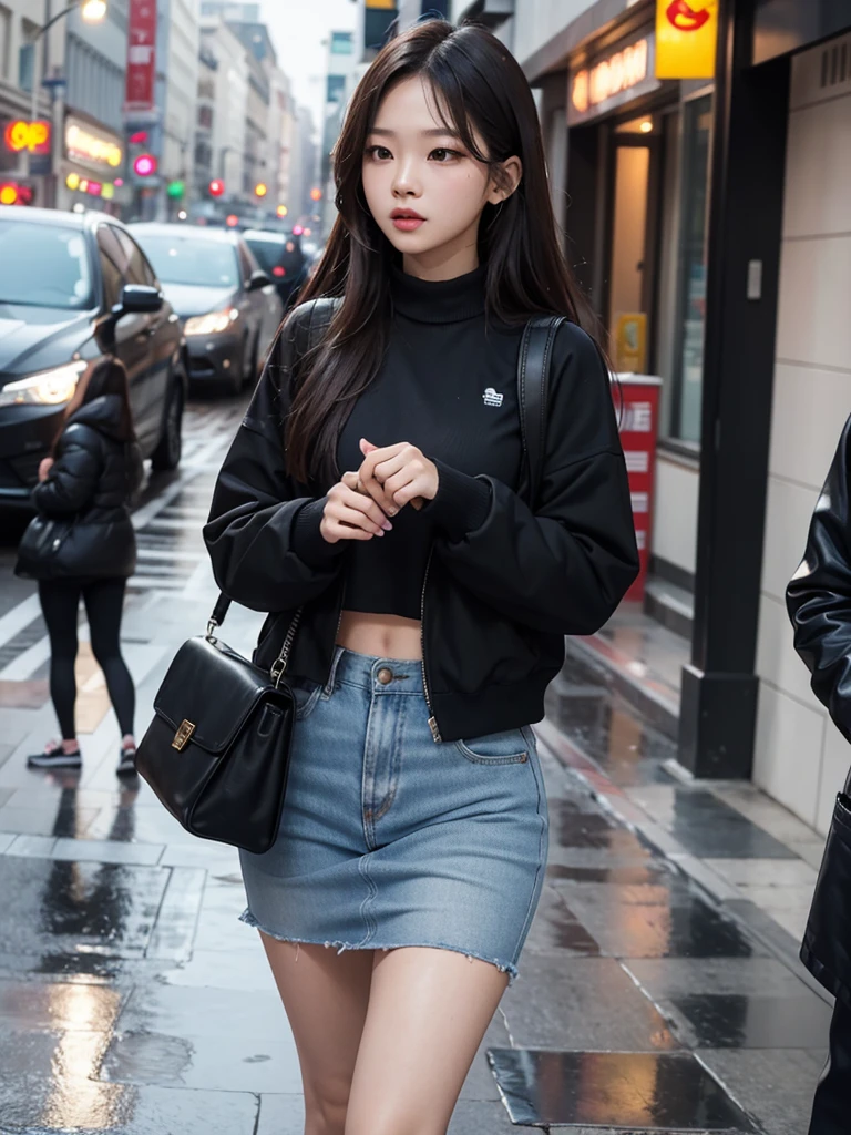 (Jennie Kim), the iconic BLACKPINK rapper and singer, com lábios carnudos, is in Seoul on a rainy day. Despite the downpour, she radiates confidence and style as she walks through the city&#39;s busy streets. Her black trench coat matches perfectly with her transparent umbrella., creating a sleek, modern silhouette. Her black hair is wet and stuck to her face, but this only serves to enhance your natural beauty. A faint smile plays on his lips, as she observes the world around her with an air of mystery. City lights flicker and reflect in puddles of water, creating a vibrant and lively urban setting. Foco nos lábios carnudos, foco no rosto, foco na roupa.