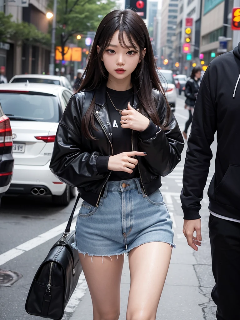 (Jennie Kim), the iconic BLACKPINK rapper and singer, com lábios carnudos, is in Seoul on a rainy day. Despite the downpour, she radiates confidence and style as she walks through the city&#39;s busy streets. Her black trench coat matches perfectly with her transparent umbrella., creating a sleek, modern silhouette. Her black hair is wet and stuck to her face, but this only serves to enhance your natural beauty. A faint smile plays on his lips, as she observes the world around her with an air of mystery. City lights flicker and reflect in puddles of water, creating a vibrant and lively urban setting. Foco nos lábios carnudos, foco no rosto, foco na roupa.