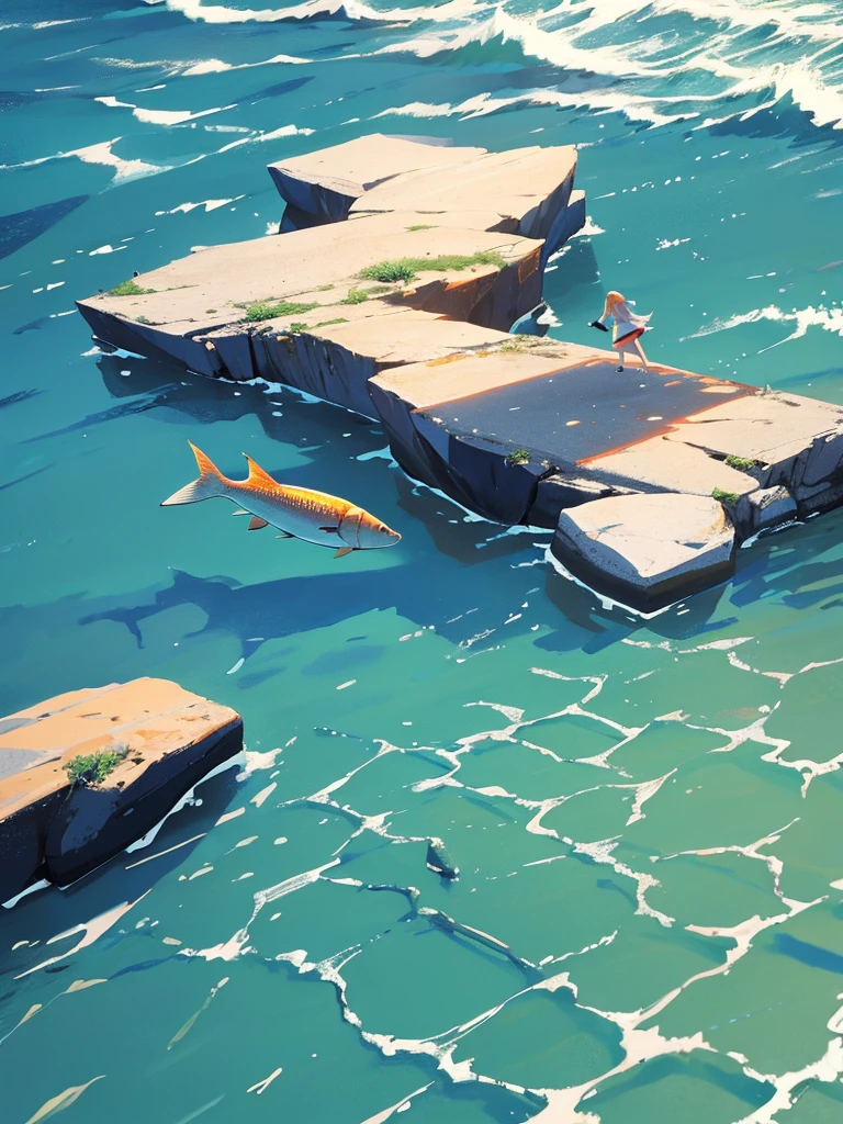Walking on water, Composition looking down from directly above, fish