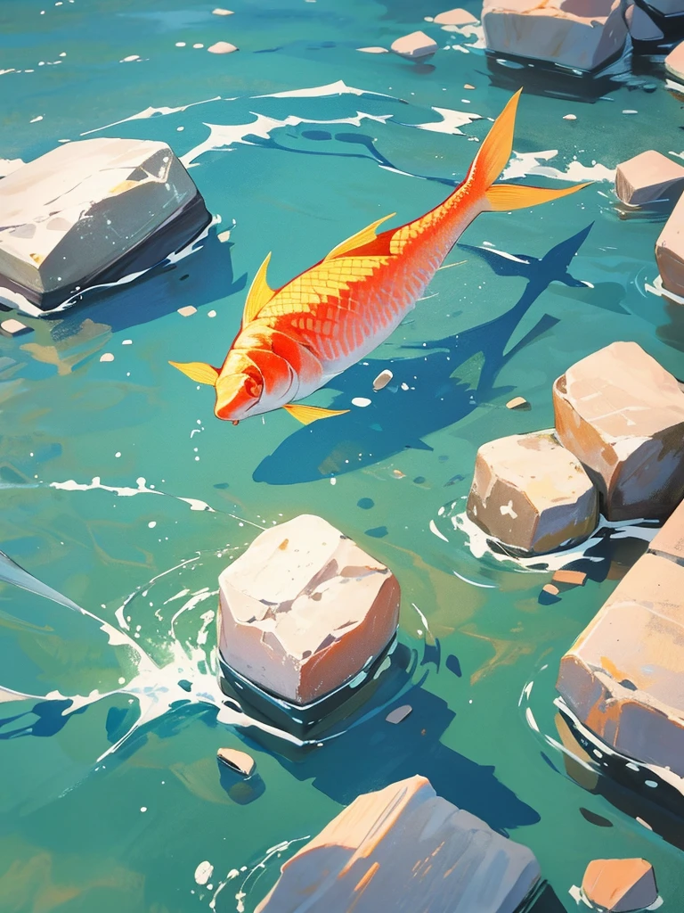 Walking on water, Composition looking down from directly above, fish
