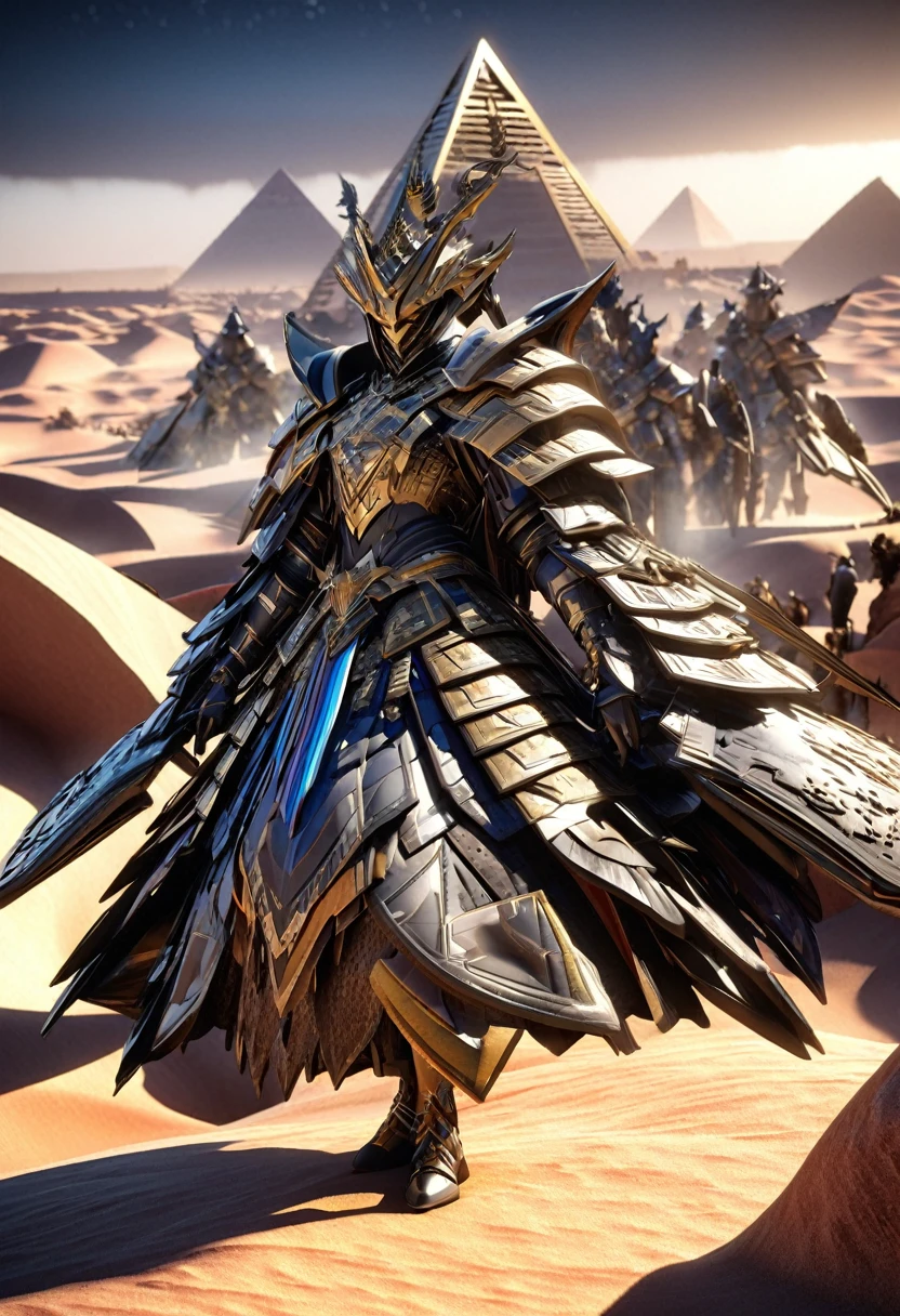 An awe-inspiring 3D render of a moonlit desert landscape, where silhouettes of diverse warriors gather towards a central figure, the esteemed Captain Ra. The sky is adorned with countless stars, and the Great Pyramid looms in the background, casting an imposing shadow. The warriors, each with their unique armor and weapons, showcase their unity and determination. The vibrant colors and intricate details bring the scene to life, capturing the essence of an epic desert adventure., 3d render, vibrant