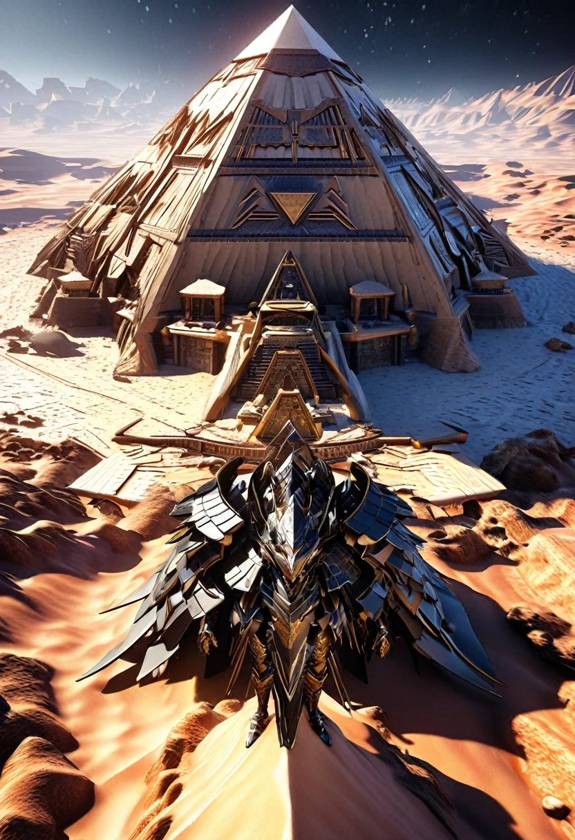An awe-inspiring 3D render of a moonlit desert landscape, where silhouettes of diverse warriors gather towards a central figure, the esteemed Captain Ra. The sky is adorned with countless stars, and the Great Pyramid looms in the background, casting an imposing shadow. The warriors, each with their unique armor and weapons, showcase their unity and determination. The vibrant colors and intricate details bring the scene to life, capturing the essence of an epic desert adventure., 3d render, vibrant