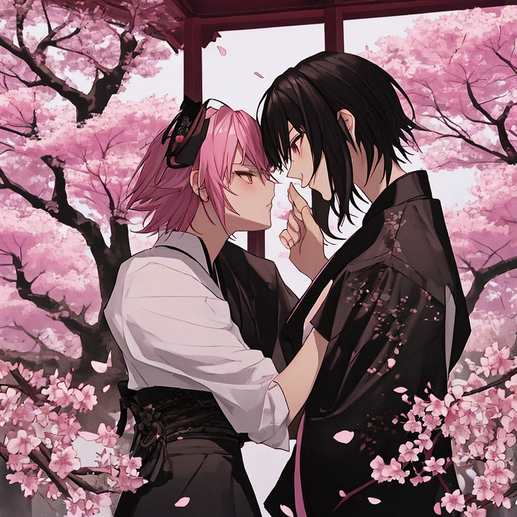 Dark samurai with short pink hair girl kissing with cherry trees in the background