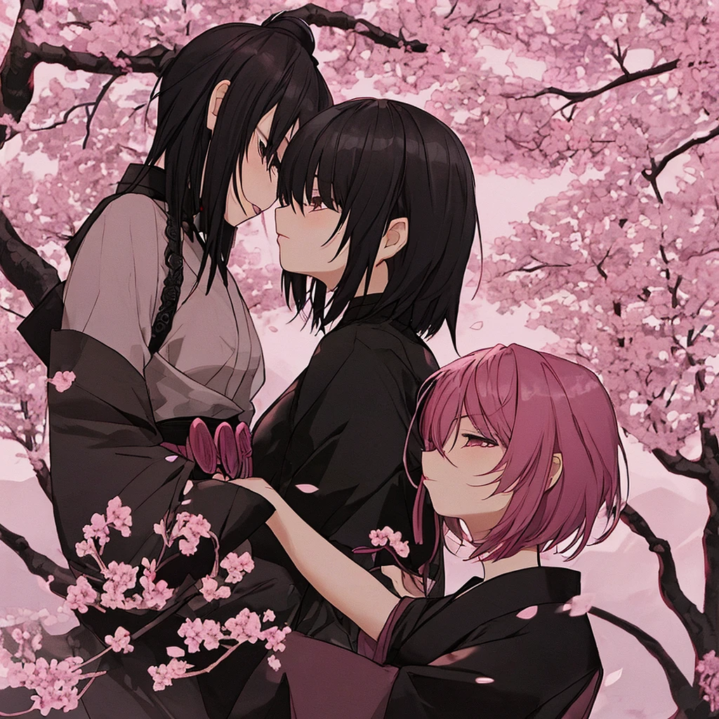 Dark samurai with short pink hair girl kissing with cherry trees in the background