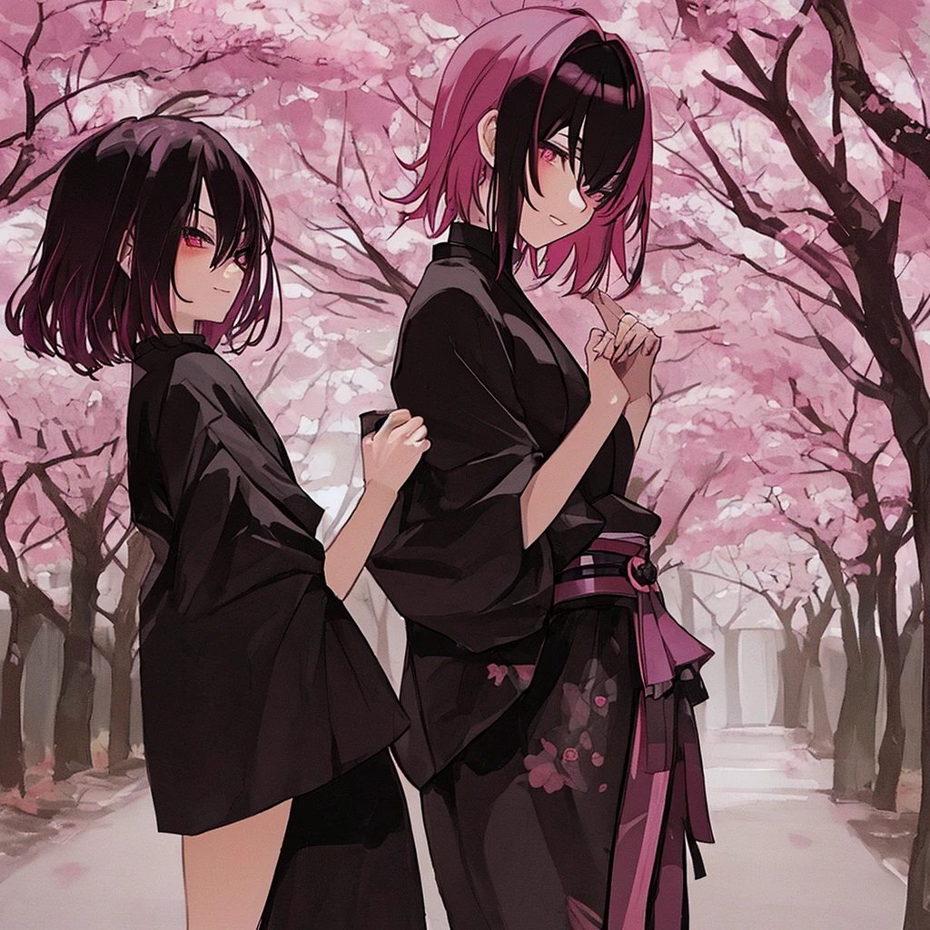 Dark samurai with short pink hair girl kissing with cherry trees in the background 