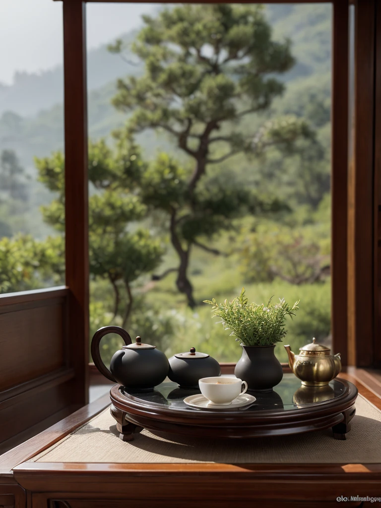 With the blurred gray-black Chinese-style study as the background，A tea table with Chinese wood grain、cup，Create an atmosphere with profound cultural heritage，The layering and classical charm of the picture。