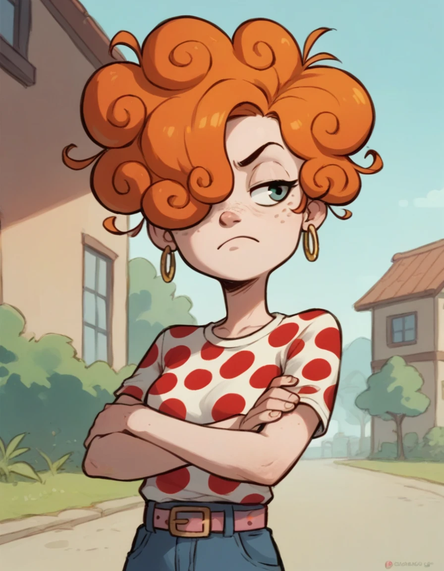 leekanker, hair hair over one eye, orange hair, 1girl, hoop earrings, polka dot clothing, solo, freckles, curly hair, belt,crossed arms, upper body,outdoors, score_9, score_8_up, score_7_up, score_6_up