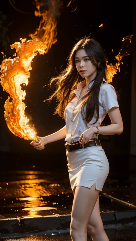 (fire element:1.1), medium long shot, It consists of fire element,fire,transparency,burning,(molten rock),Frame print,burning hair,smoke,cloud,chopped, girl engulfed in flames, Flames fly and sparks scatter,mano burning,translucent luminescence, 18s woman in thai university uniform, long straight fire hair, white shirt, black tight mini skirt, brown belt, white sneakers, masterpiece:1.2, high detail, realistic, cinematic scene, fire goddess, perfect figure, 16k, close up, portrait photo, dynamic powerful sexy pose