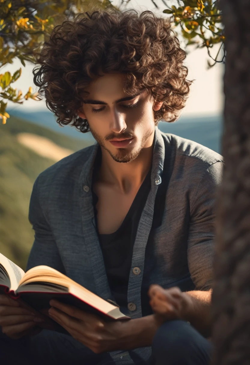 Peaceful portrait of a young man reading a book, curly hair. Beautiful scenery, great details,  8k, perfect anatomy