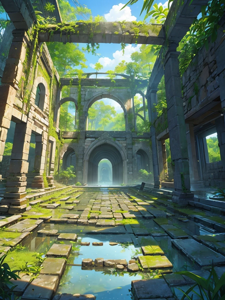 Ancient ruins of a ruined building made of stone, Tropical plants, Clear puddles, Iwashimizu