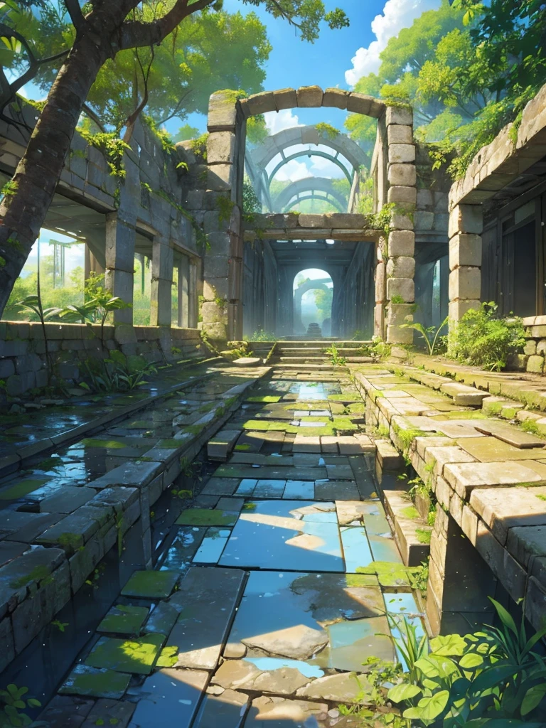 Ancient ruins of a ruined building made of stone, Tropical plants, Clear puddles, Iwashimizu