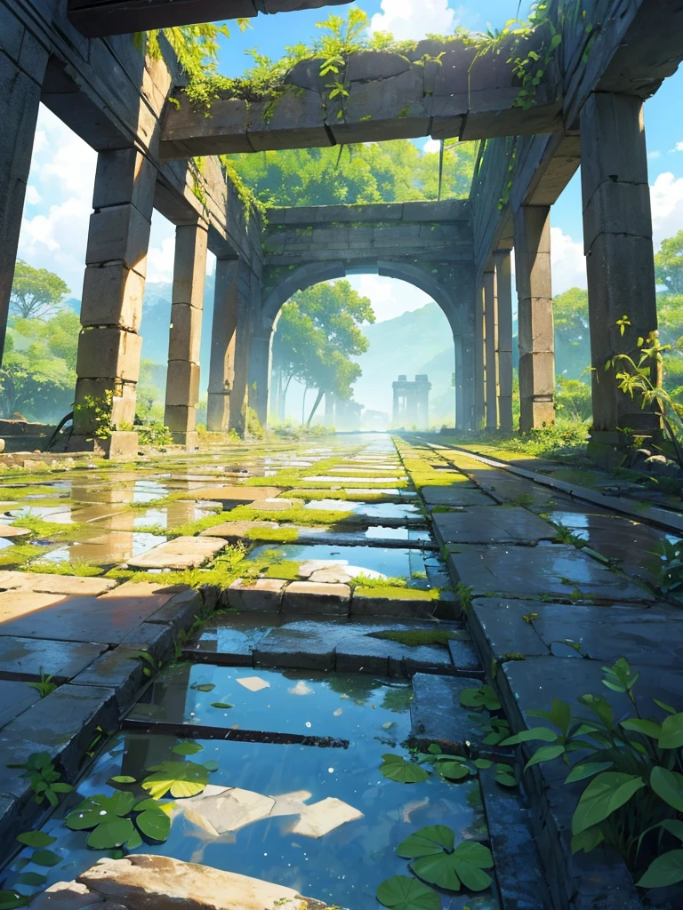 Ancient ruins of a ruined building made of stone, Tropical plants, Clear puddles, Iwashimizu