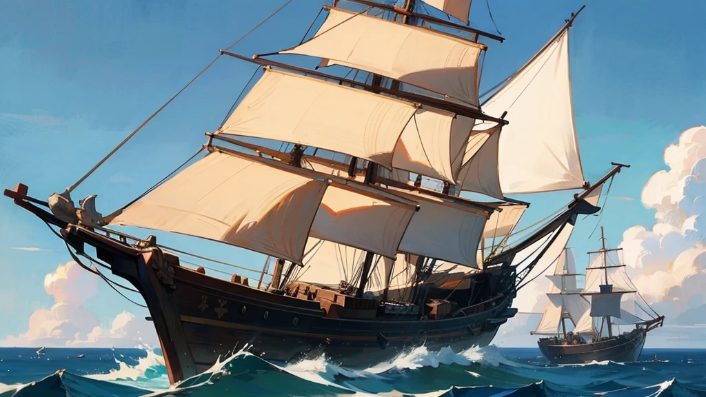 Ship, Medieval ship, Galeon, Sailing ship, open sea, clear sky, painting, one ship,