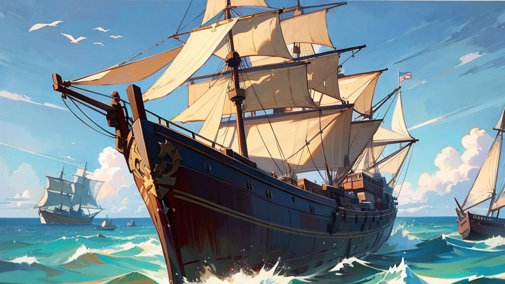Ship, Medieval ship, Galeon, Sailing ship, open sea, clear sky, painting, one ship,