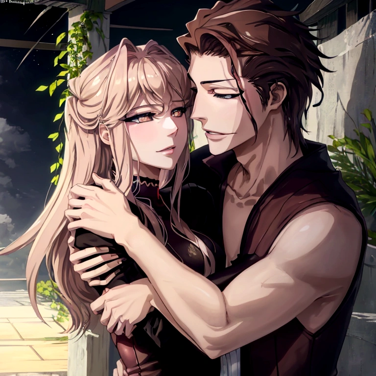 Monika and Aizen fall in love at first sight, Beautiful detailed eyes, beautiful detailed lips, extremely detailed eyes and face, long eyelashes, romantic expression, passionate hug, soft lighting, muted color palette, cinematographic composition, oil painting, photorealistic, 8k, high quality, Masterpiece, studio lighting, vivid colors, detailed background, lush foliage, atmospheric lighting